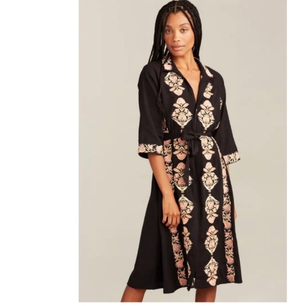 Roller Rabbit Black Column Niana Midi Dress with Pink Floral Embroidery Sz S